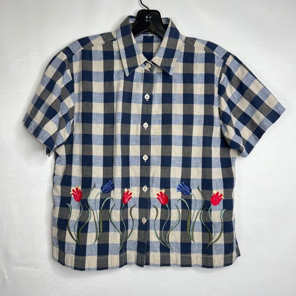 Tops - RARE Vintage 2-in-1 Blue Gingham Embroidered Shirt & Vest Women M Tulips Twofer